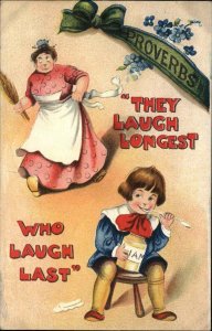 Proverbs Angry Woman Finds Little Boy Eating Jam Laugh Longest c1910 Postcard