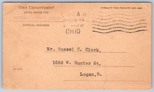 K47/ Logan Ohio Postcard 1918 Hocking County War Department Classification 54