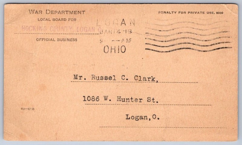 K47/ Logan Ohio Postcard 1918 Hocking County War Department Classification 54