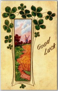 Good Luck River Windmill Picture Bordered by Lucky Clovers Leaf Postcard