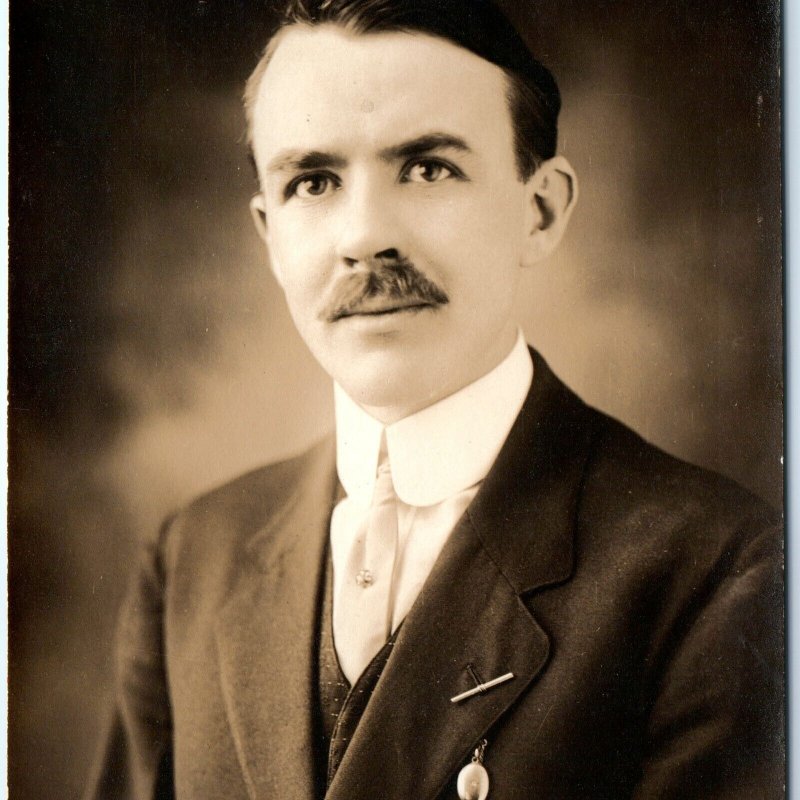 c1910s Paterson, NJ Handsome Man RPPC Walter Studio Epic Moustache Clasp A151