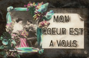 Vintage Postcard Mon Coeur Est A Vous Will You Be My Lady? Proposal Flowers