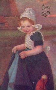 Vintage Postcard 1910's Love's Greeting Pretty Little Girl In White Cap & Dress