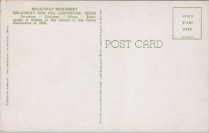 USA Texas Galveston Broadway Monument Vintage Postcard C213