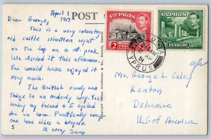 Kyrenia Cyprus Postcard St. Hilarion Castle 1951 Vintage Posted RPPC Photo