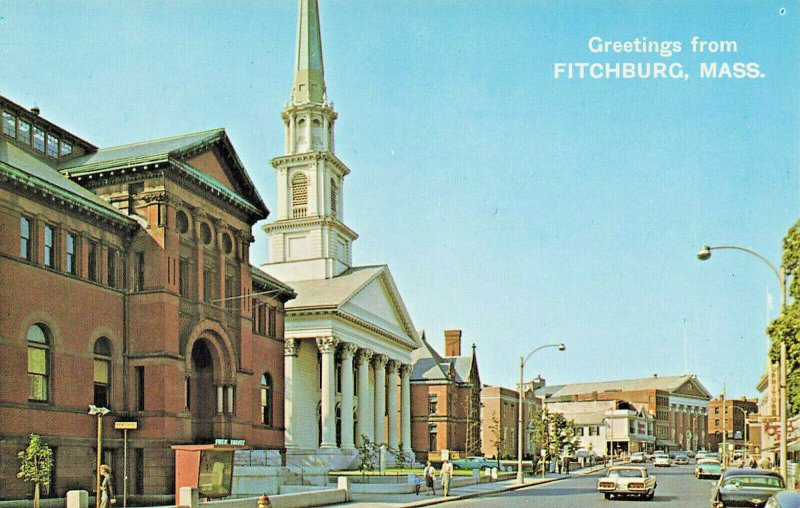 Fitchburg MA Wallace Library 1st Baptist Church City Hall Old Cars Postcard