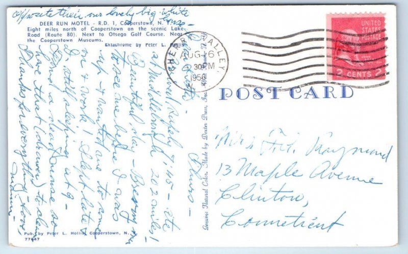 COOPERSTOWN, NY New York ~ DEER RUN MOTEL 1956 Roadside Postcard