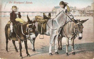 On Blackpool sanz.Children. Horse Old vintage English postcard