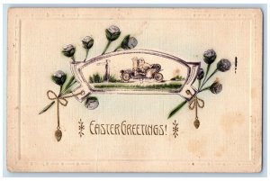 c1910's Easter Greetings Chicks Driving Car Pipe Berry Embossed Antique Postcard 