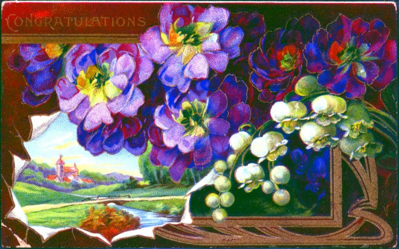 Congratulations~PURPLE FLOWERS~LILIES of VALLEY~GOLD~Antique Postcard~Germany