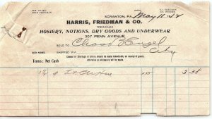 1912 HARRIS FRIEDMAN & CO SCRANTON PA HOSIERY NOTIONS BILLHEAD INVOICE Z2289