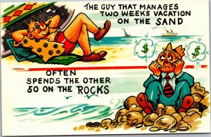 Postcard comic Guy that makes two weeks on sand spends other 50 on the rocks
