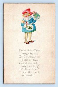 Little GIrl With Doll and Pink Hat Christmas Day 1923 DB Postcard D17