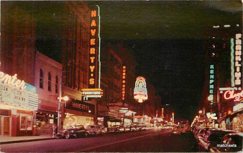 Autos 1950s Little Rock Arkansas Main Street Night Neon Siebert Teich 9600