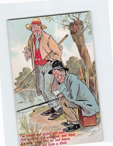 Postcard Greeting Card with Poem and Fishing Men Comic Art Print