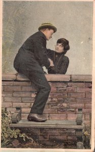 Lovers Couple On The Brick Wall Dating Sweet Romance Vintage Postcard