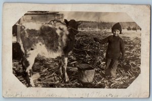 1915 Little Boy With Goat Montvideo Minnesota MN RPPC Photo Antique Postcard