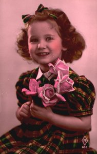 Vintage Postcard Beautiful Little Girl Checkered Dress With Flowers Headband