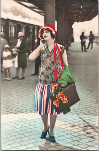 Victorian Lady Fashion At The Station Vintage RPPC 09.07