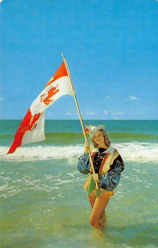 Pensacola Beach, FL Pin-Up Girl & Flag Spanish Costume c1960s Vintage Postcard