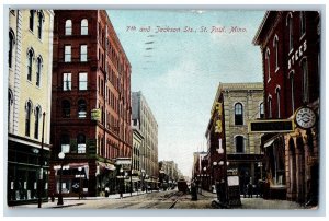 1909 7th & Jackson Sts. Downtown Clock Train St. Paul Minnesota Antique Postcard