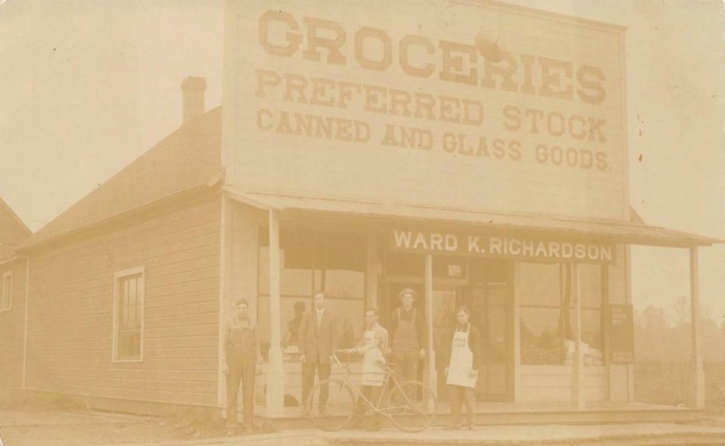 RPPC SALEM OREGON WARD K RICHARDSON GROCERIES BIKE REAL PHOTO POSTCARD (c. 1910)