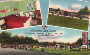 Vintage Postcard Delaware Auto Court Rooms Baths Grounds New Castle Delaware DE