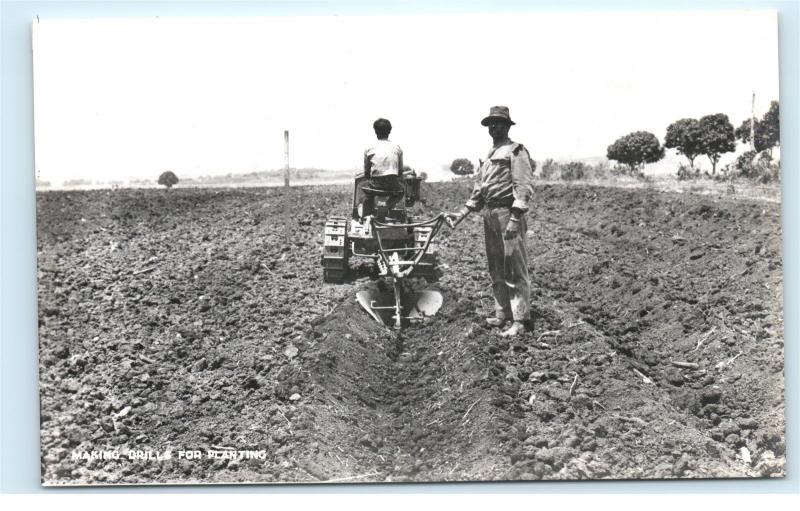 *Field Farmers Planting Sugar Cane Tractor Fiji Vintage Real Photo Postcard C86