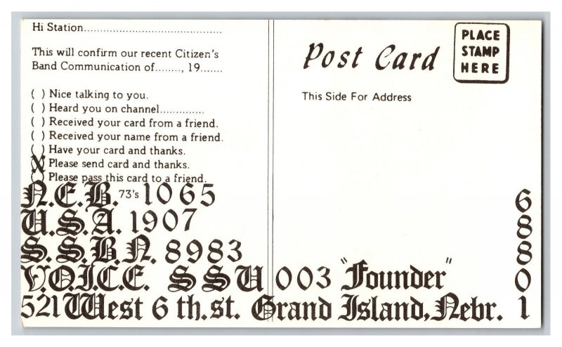 Postcard QSL CB Ham Radio Amateur Card From Grand Island Nebr. Nebraska KZZ0329 