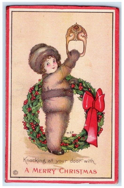 c1910's Merry Christmas Little Girl Berries Whreat Embossed Lynn WI Postcard