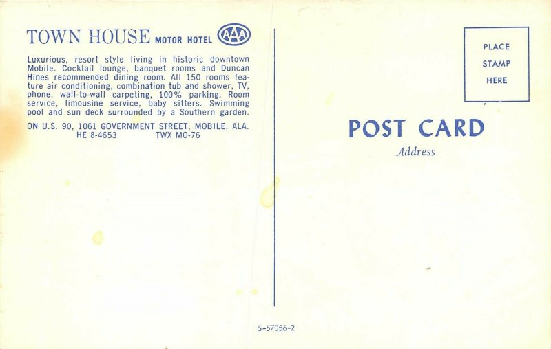 Mobile Alabama 1950-60s Postcard Towne House Motor Hotel Multiview