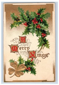 Vintage 4 Leaf Clover Holy Berries Christmas Postcard F108E