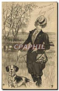 Postcard Old Woman Hunting Dog