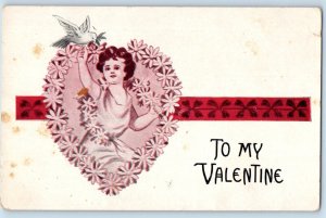 c1910's Valentine Floral Heart Pretty Woman Dove Posted Antique Postcard