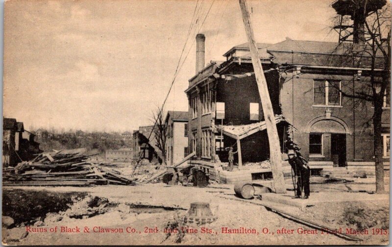 2nd & Vine St, Black & Clawson Co  Hamilton OH Flood 1913 Vintage Postcard W41