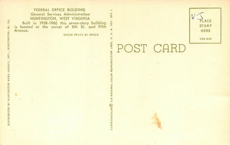 Huntington West Virginia WV c1960 Postcard GSA Federal Office Building