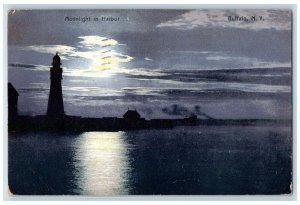 1908 Moonlight Harbor Moon Night Lighthouse Buffalo New York NY Vintage Postcard