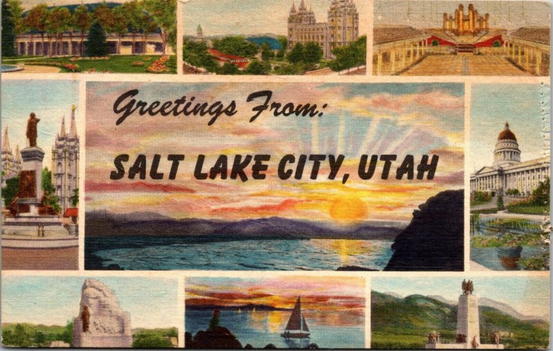 Greetings from Salt Lake Utah 1951 vintage Linen Large Letter UNPOSTED POSTCARD