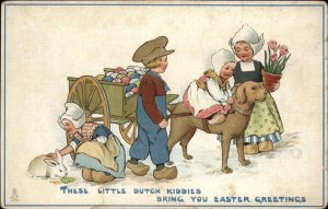 Tuck Dutch Easter Children Girl Riding Dog Cart c1910 Vintage Postcard