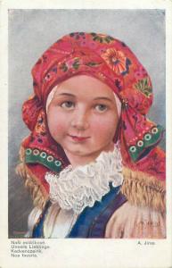 A. Jiras artist study Eastern Europe folk costume red wimpel early postcards x 2