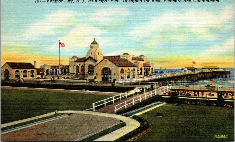 MUNICIPAL PIER, VENTNOR CITY, NEW JERSEY, 1940'S LINEN POST CARD  PC