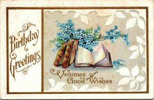 Vtg 1910s Birthday Greetings Books Blue Flowers Gold Gilt Embossed Postcard
