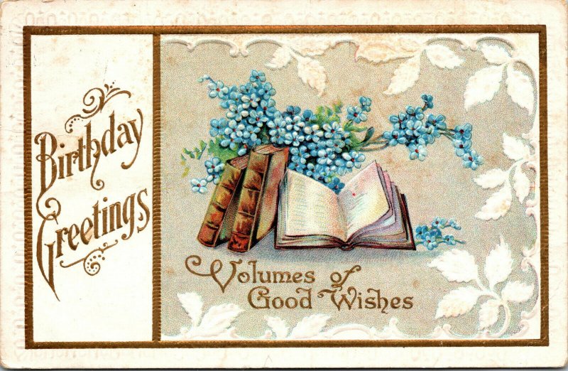 Vtg 1910s Birthday Greetings Books Blue Flowers Gold Gilt Embossed Postcard