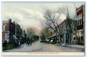 c1910 Douglas Avenue Looking North Horse Carriage Ellsworth Kansas KS Postcard