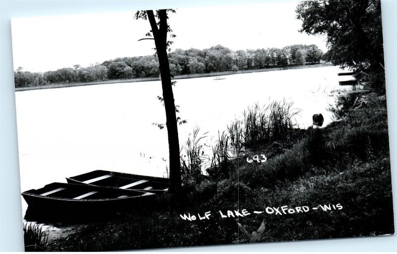 Row Boats on Shore Wolf Lake Oxford Wisconsin WI RPPC Real Photo Postcard B16