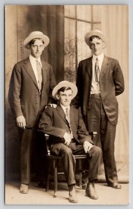 RPPC Three Young Men Boaters Hats Studio Real Photo Postcard U28