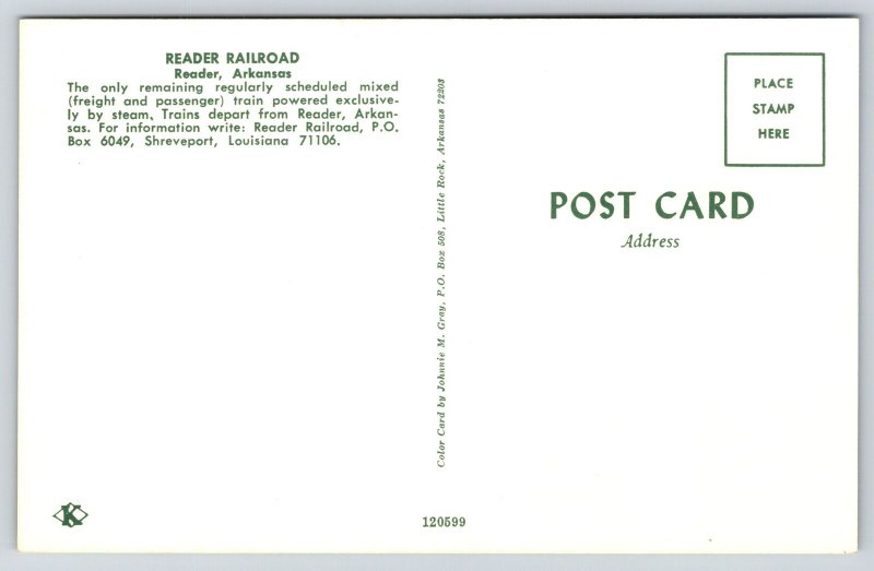 Train~Arkansas~Reader Railroad~Passenger Steamer Approaching~1950s Postcard