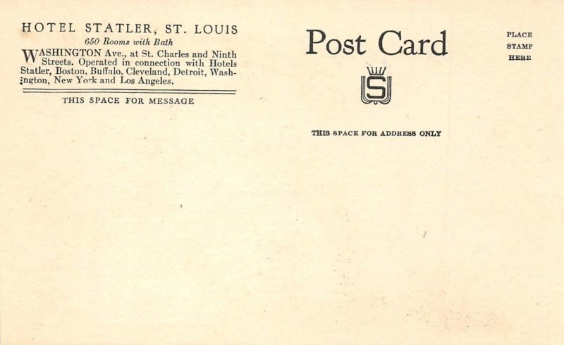 St. Louis, MO HOTEL STATLER Washington Ave c1940s Vintage Postcard