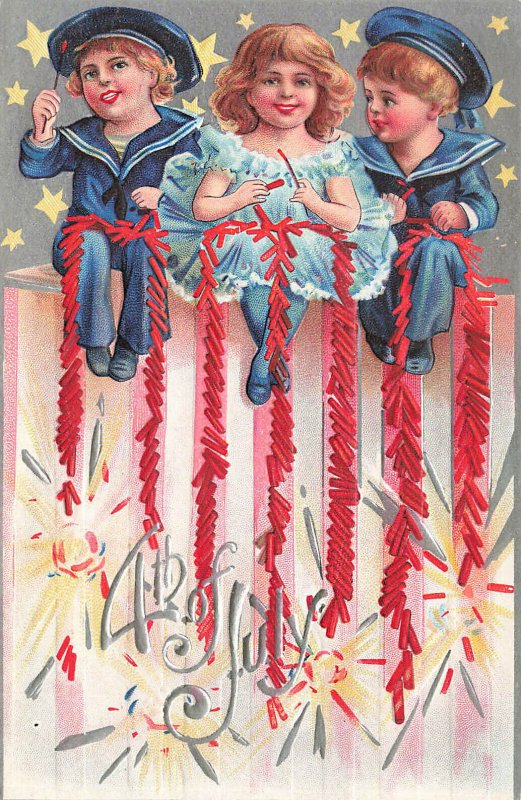 July 4th Sailor Boys & Girl with Firecrackers Stars Vintage Postcard