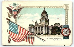 c1910 SPRINGFIELD ILLINOIS STATE CAPITOL US FLAG  EAGLE LANGSDORF POSTCARD P728